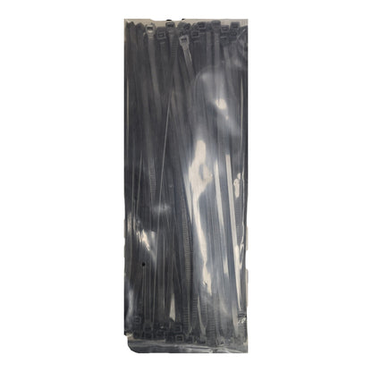 A clear plastic bag containing a bulk pack of black plastic zip ties, shown against a plain white background.