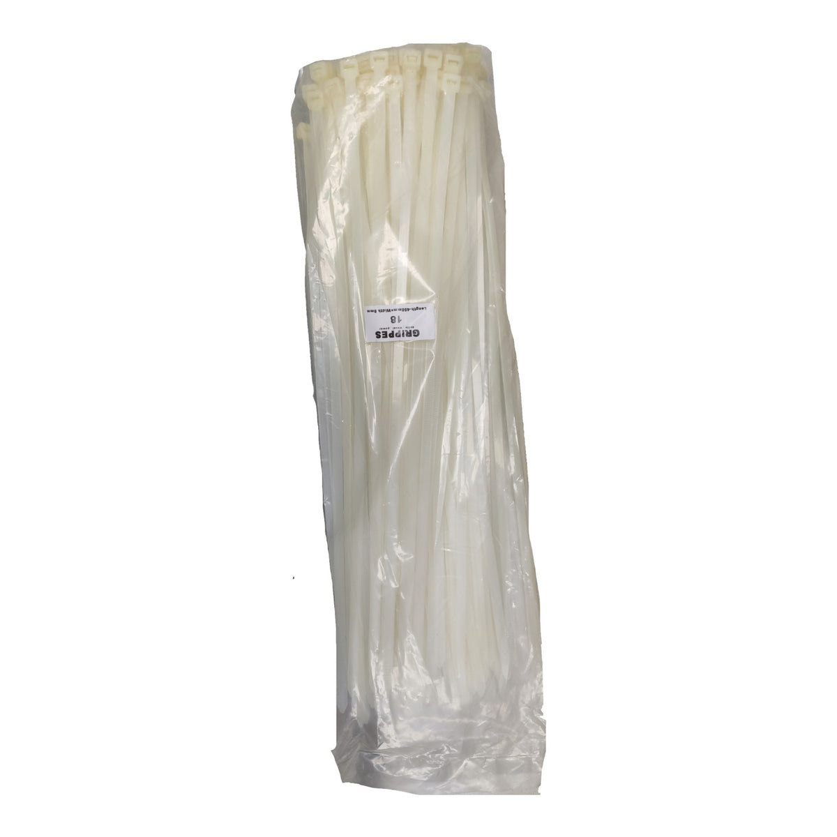 A bulk pack of off-white plastic cable ties bundled inside a clear plastic bag, with a small white label in the center, set against a plain white background.
