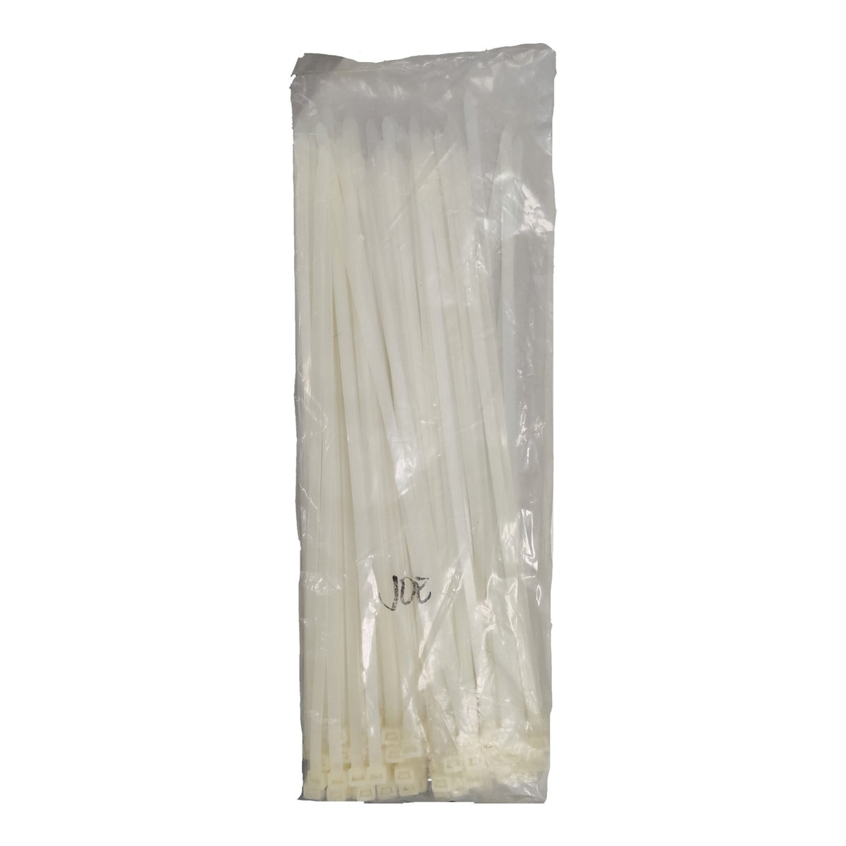 A clear plastic bag filled with white plastic zip ties, photographed against a plain white background.