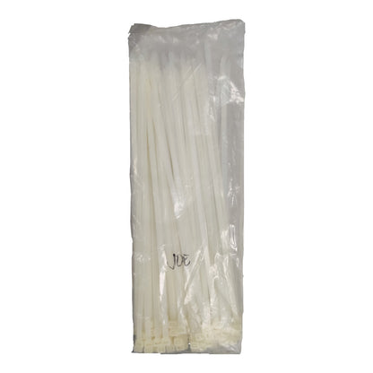 A clear plastic bag filled with white plastic zip ties, photographed against a plain white background.