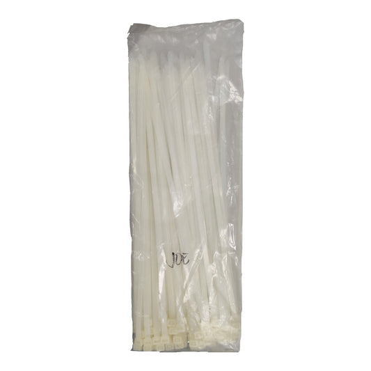 A clear plastic bag filled with white plastic zip ties, photographed against a plain white background.