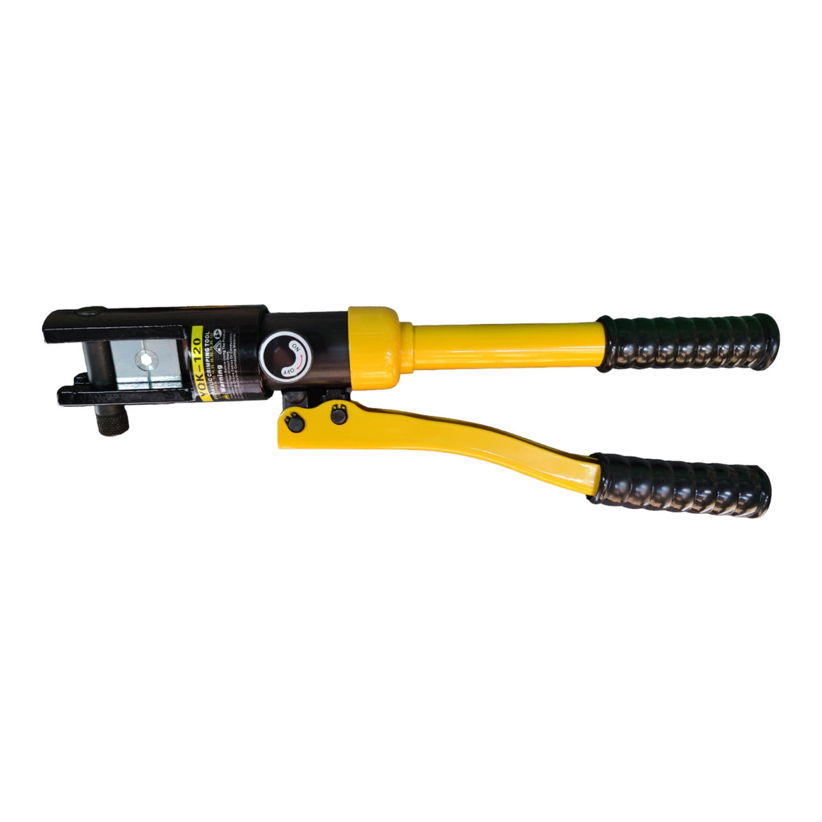 Yellow and black hydraulic crimping tool on a white background