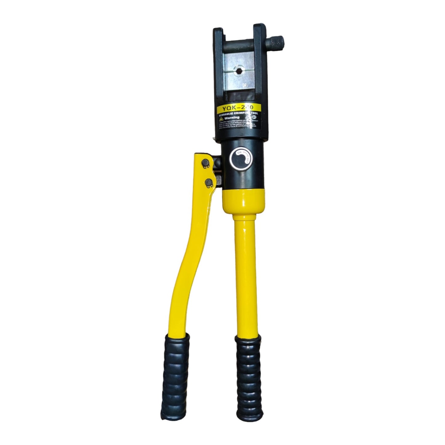 Yellow and black hydraulic cable cutter on a white background