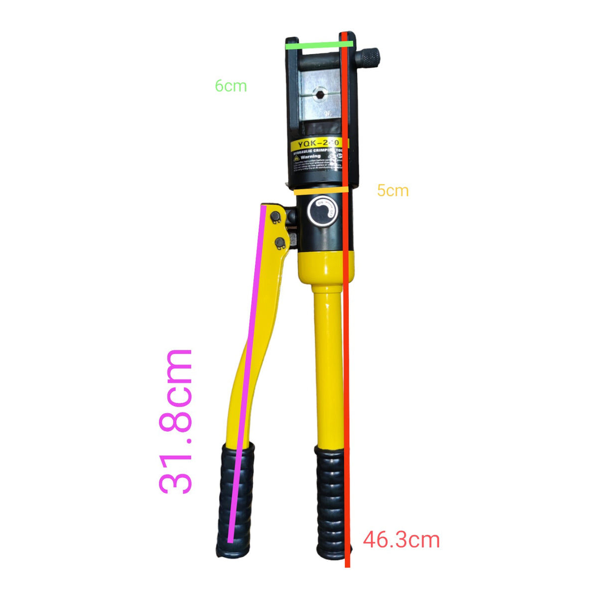 Yellow hydraulic tool with measurements on a white background
