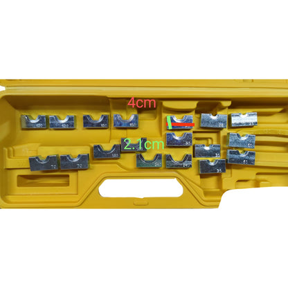 Set of metal blades in a yellow plastic case with measurements on a white background