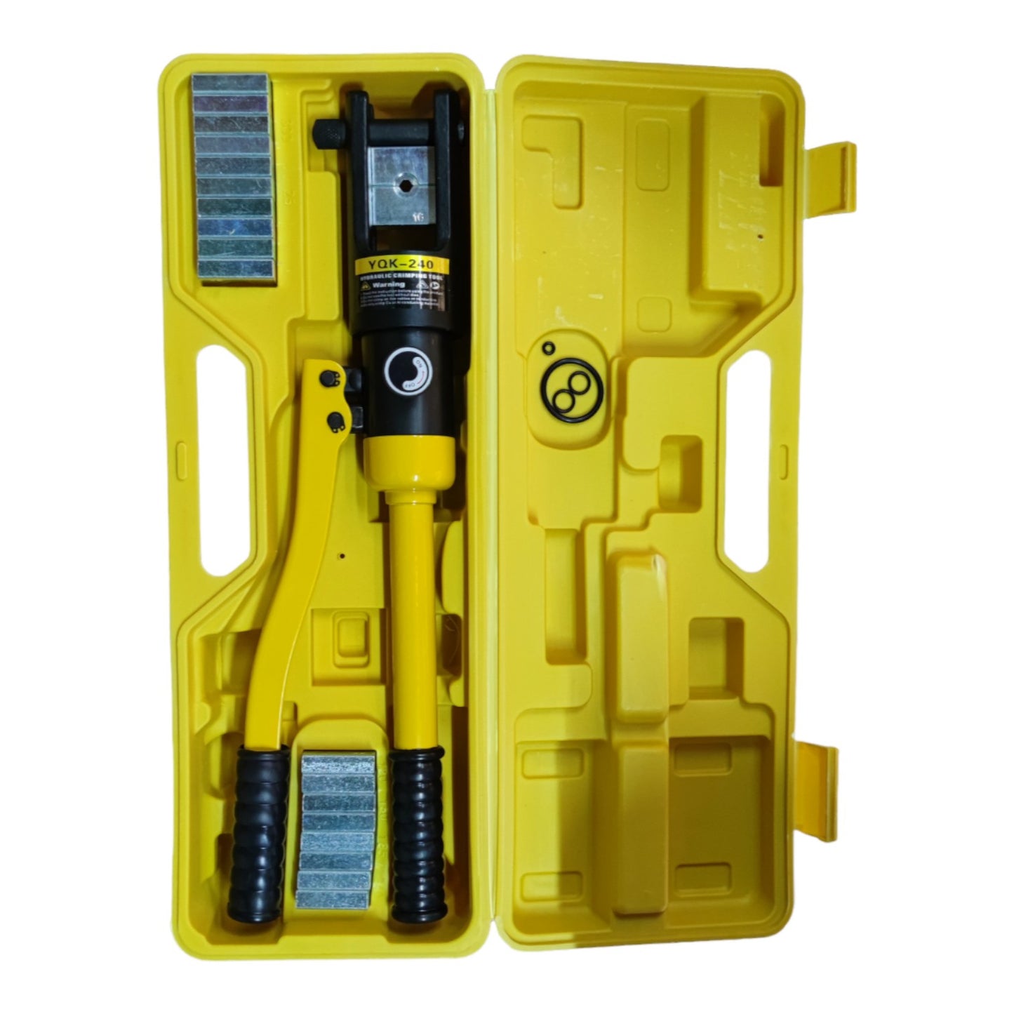 Yellow hydraulic crimping tool with black components inside a yellow case on a white background