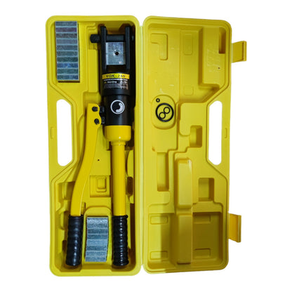 Yellow hydraulic crimping tool with black components inside a yellow case on a white background