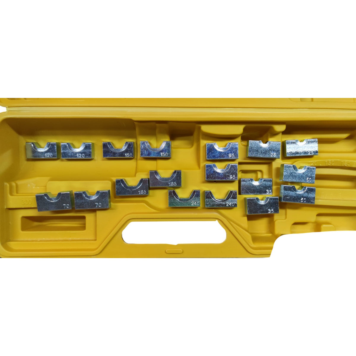 Set of metal brackets in a yellow plastic case on a white background