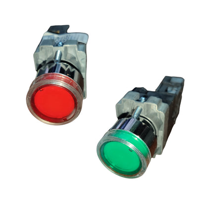 Two industrial push-button indicators on a white background, one with a red lens and one with a green lens, both in silver metal housings.