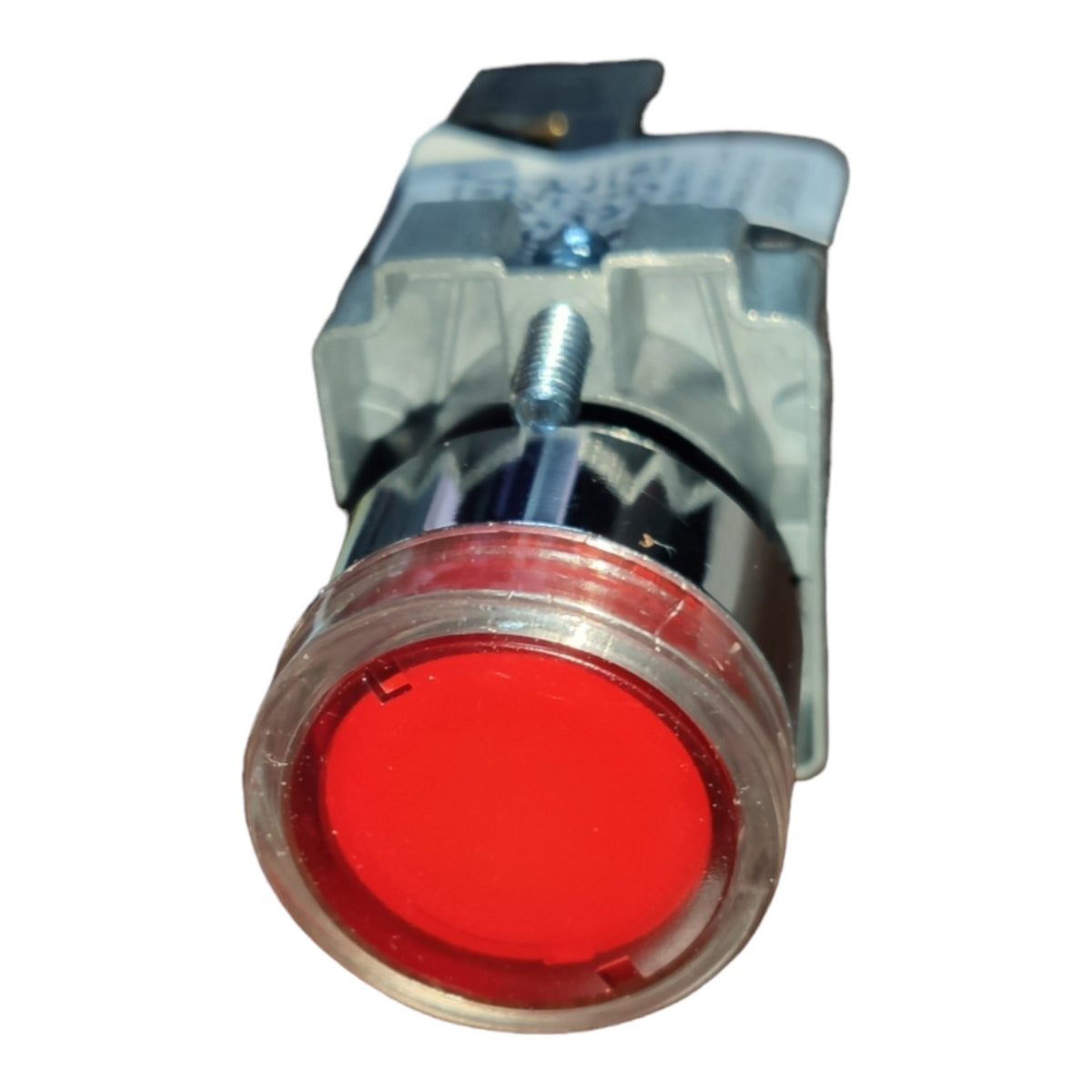 A red push-button switch with a clear plastic lens and a silver metal mounting bracket, shown against a plain white background.