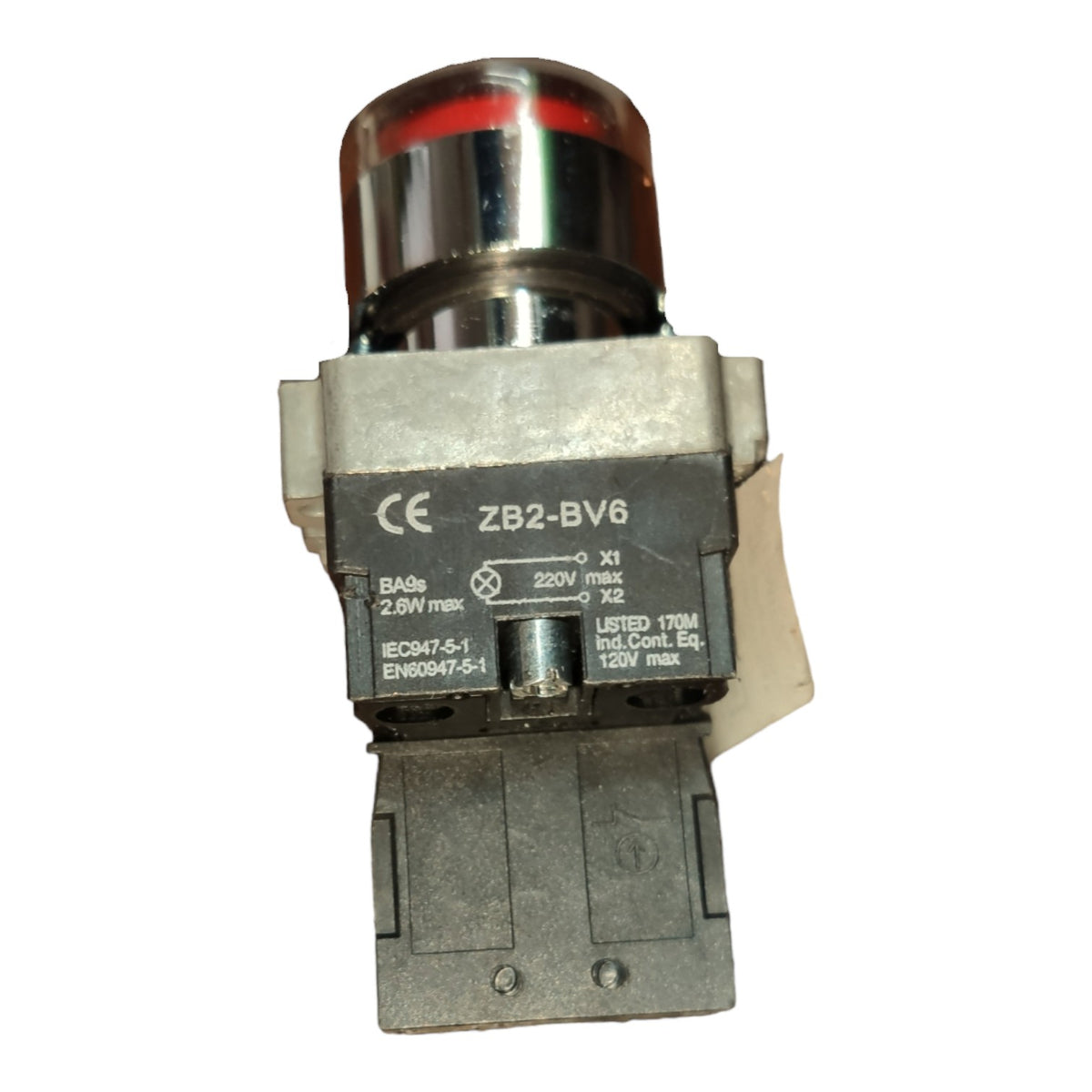 A pneumatic push-together valve with a clear red indicator window, a gray plastic body, and a black printed label showing the model ZB2-BV6.
