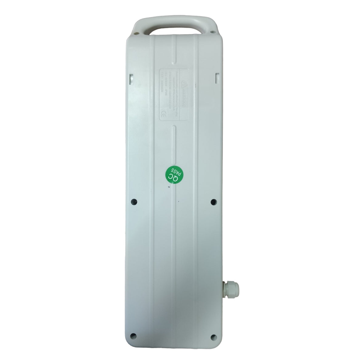 Rectangular white device with a green label on a white background