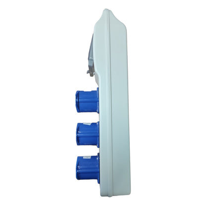 Rectangular white panel with blue cylindrical components on a white background