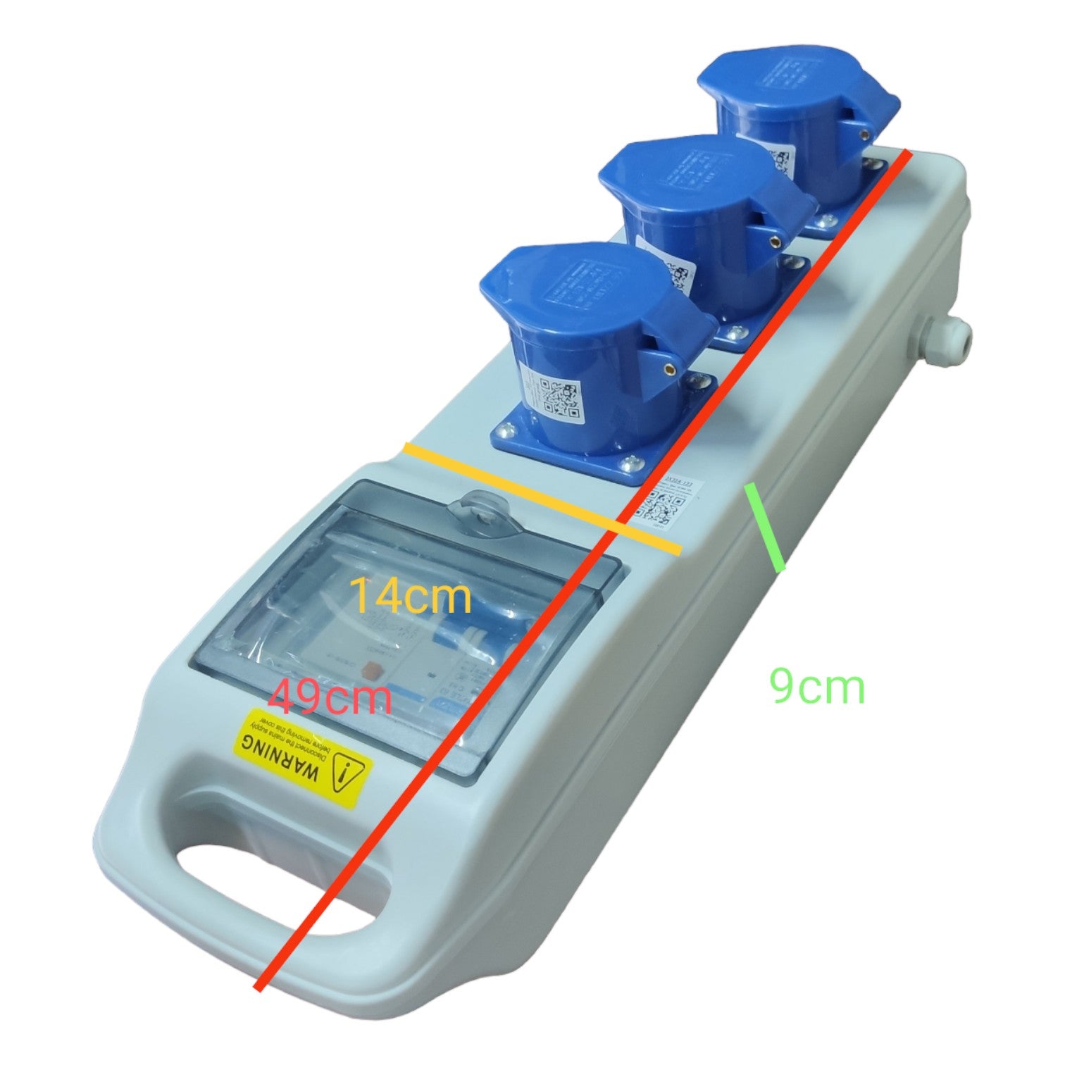 Measurement tool with blue nozzles and dimensions labeled on a white background