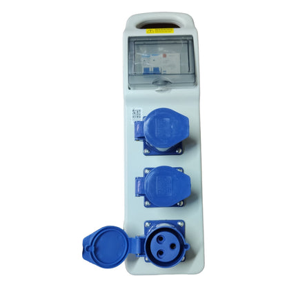 Electrical panel with blue sockets on a white background