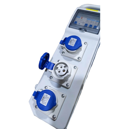 Electrical panel with blue and silver connectors on a white background Grippes Industrial Extension Outlet 3 x 16A 2P+E IP44 ( 3 Pins) 220V with Circuit Breaker Protection Device Electx Electrical Supply