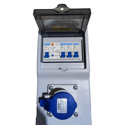 Electrical meter box with open cover on a white background Grippes Industrial Extension Outlet 3 x 16A 2P+E IP44 ( 3 Pins) 220V with Circuit Breaker Protection Device Electx Electrical Supply