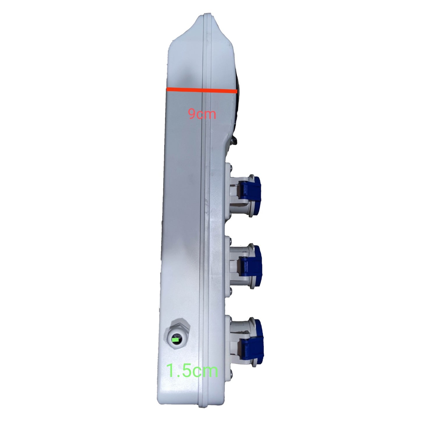 White plastic component with measurement markings on a white background Grippes Industrial Extension Outlet 3 x 16A 2P+E IP44 ( 3 Pins) 220V with Circuit Breaker Protection Device Electx Electrical Supply