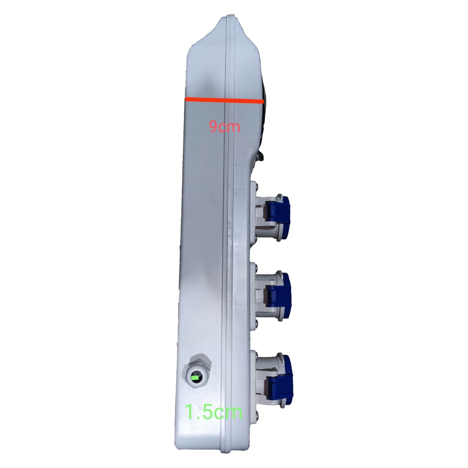 White plastic component with measurement markings on a white background Grippes Industrial Extension Outlet 3 x 16A 2P+E IP44 ( 3 Pins) 220V with Circuit Breaker Protection Device Electx Electrical Supply