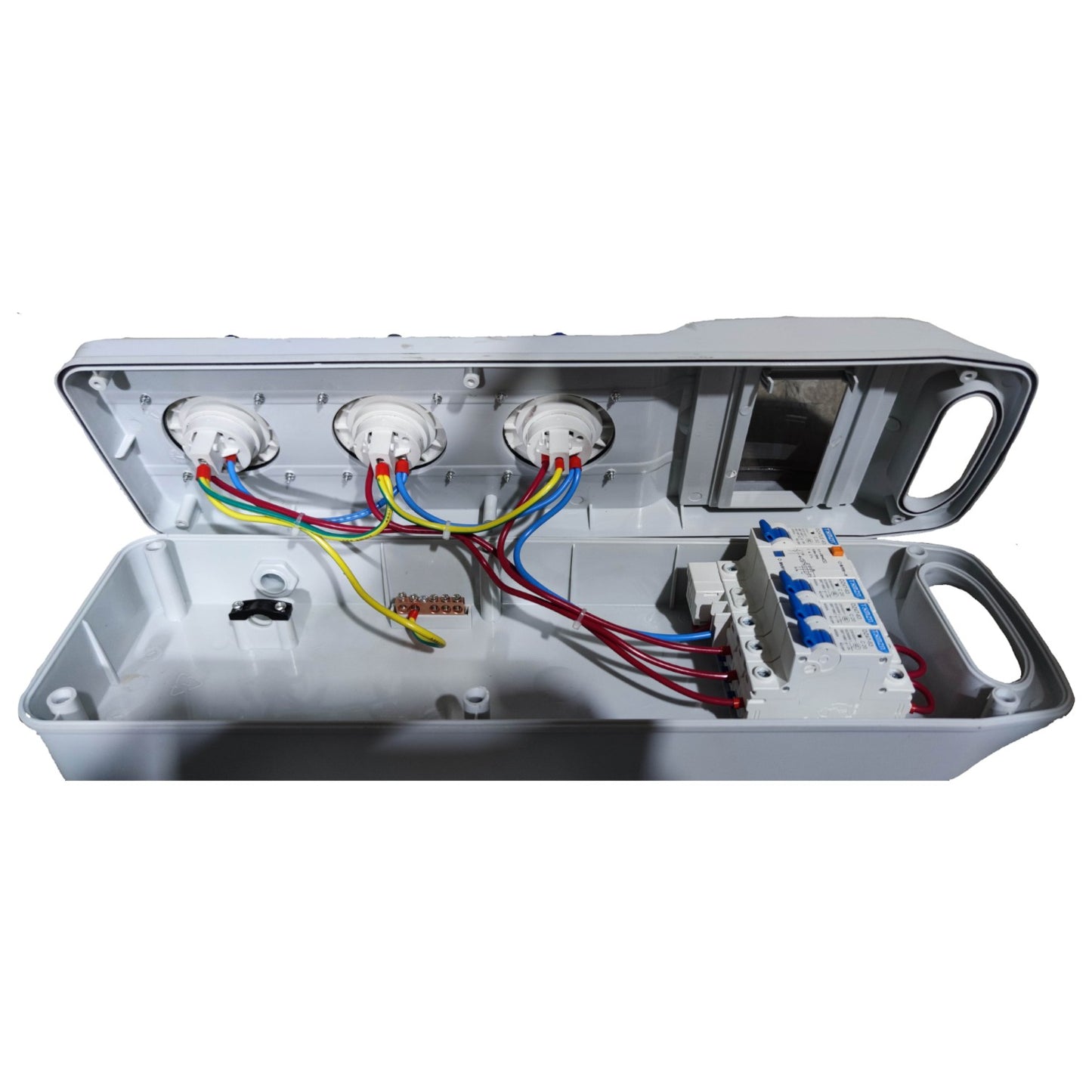 Electrical panel with wires and fuses on a white background Grippes Industrial Extension Outlet 3 x 16A 2P+E IP44 ( 3 Pins) 220V with Circuit Breaker Protection Device Electx Electrical Supply