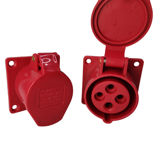 Red electrical connectors on a white background