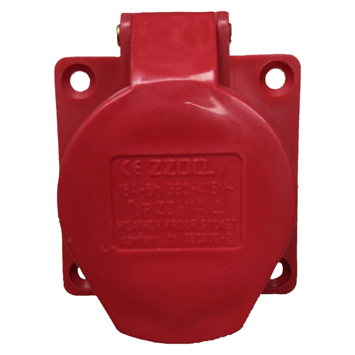 Red plastic component with branding on a white background