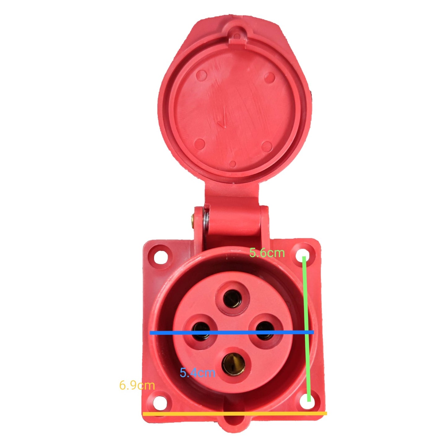 Red electrical connector with measurement details on a white background