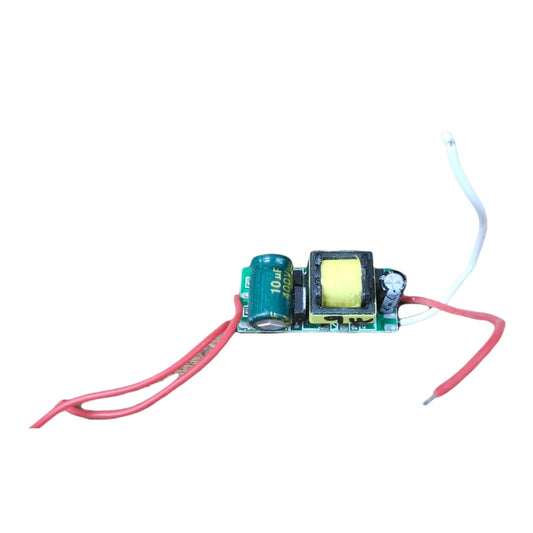 A small electronic circuit board module featuring a green circuit board with a green cylindrical capacitor, a black transformer with a yellow core, and red and white wires extending from the sides, shown on a plain white background.