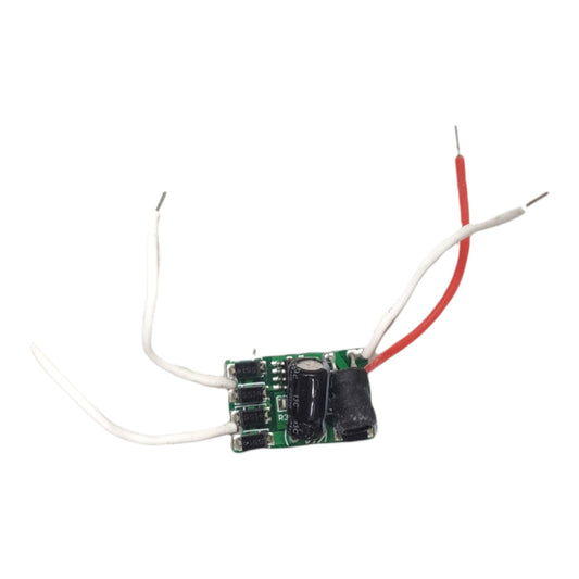 A small electronic circuit board module with a green PCB, black capacitors, and wires in white and red, shown on a plain white background.