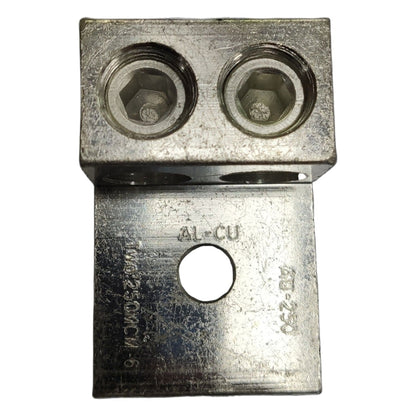 Metal electrical connector with two holes and a central hole on a white background