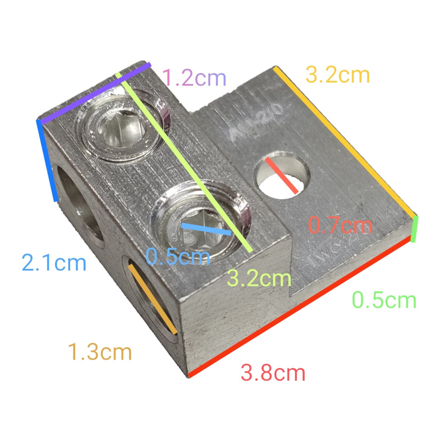 Metal block with pre-drilled holes and labeled dimensions on a white background