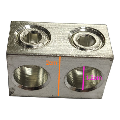 Metal block with four cylindrical holes and measurements indicated on a white background