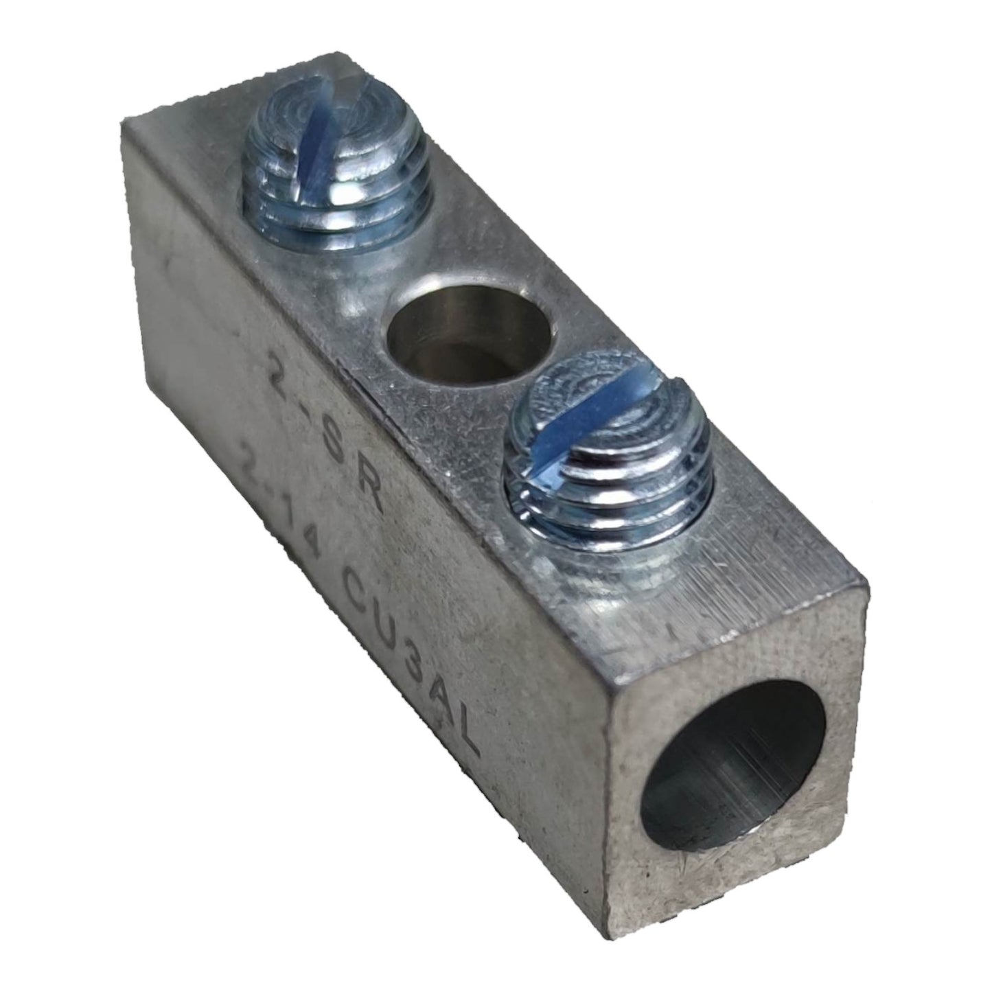 Metal electrical connector with two screws on a white background