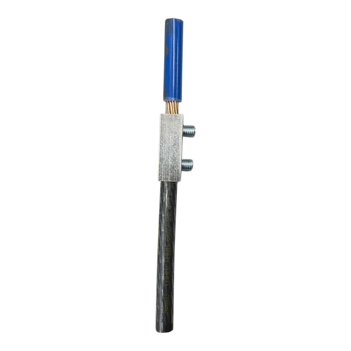 Long cylindrical object with a blue top and metallic base on a white background