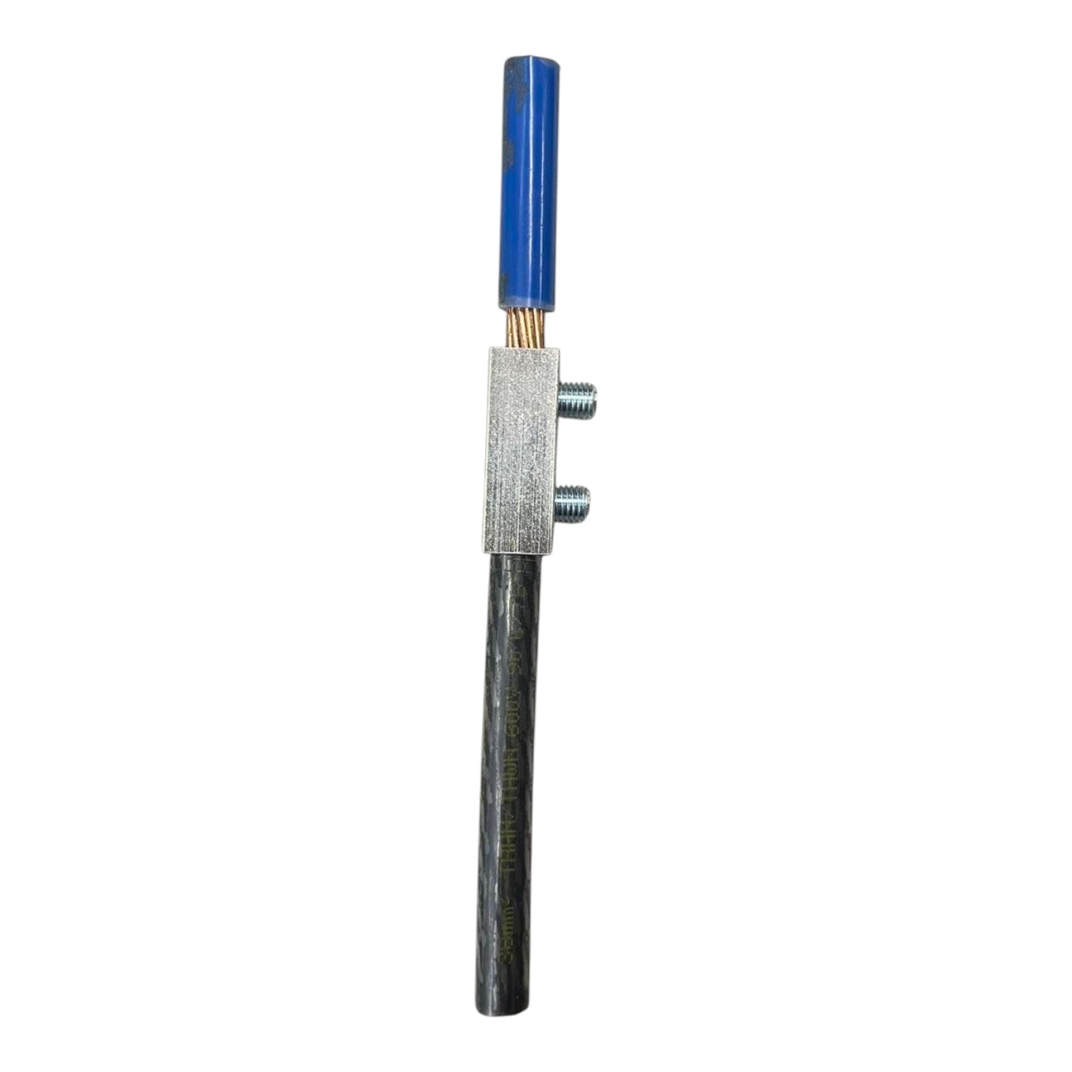 Long cylindrical object with a blue top and metallic base on a white background