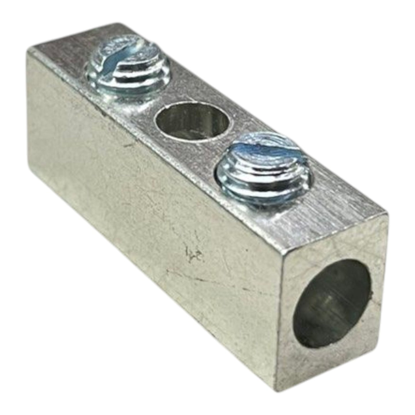 Metal block with two holes and two screws on a white background