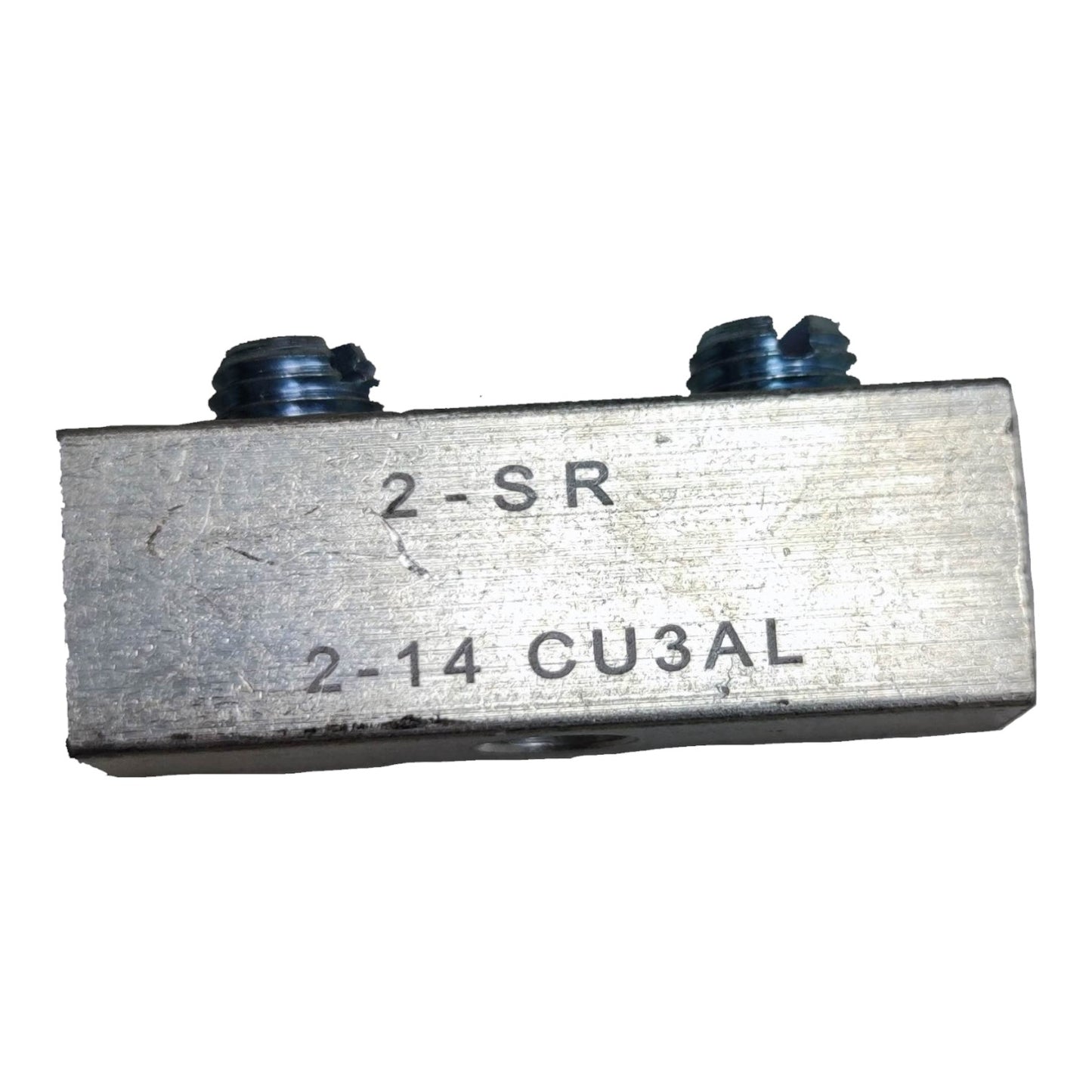 Metal component with threaded ends and engraved text on a white background