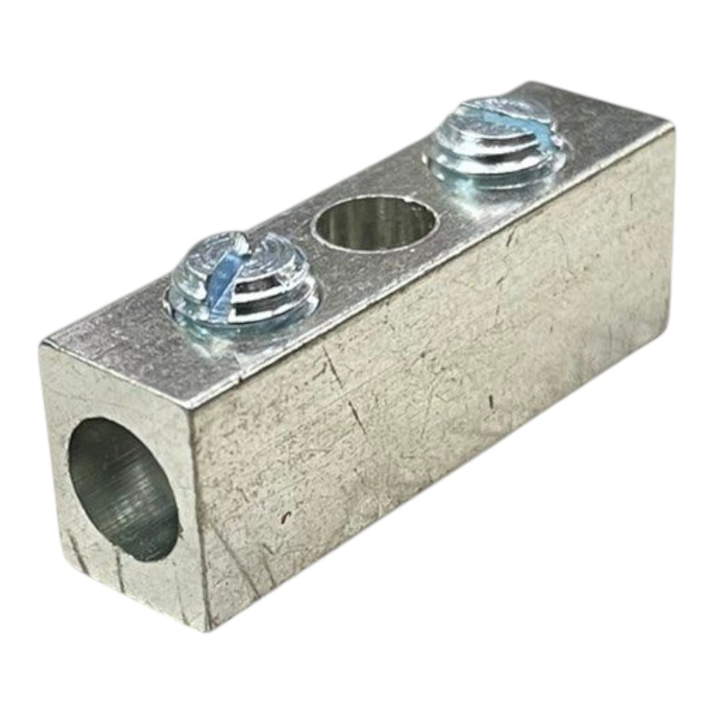 Metal electrical connector block with two holes on a white background