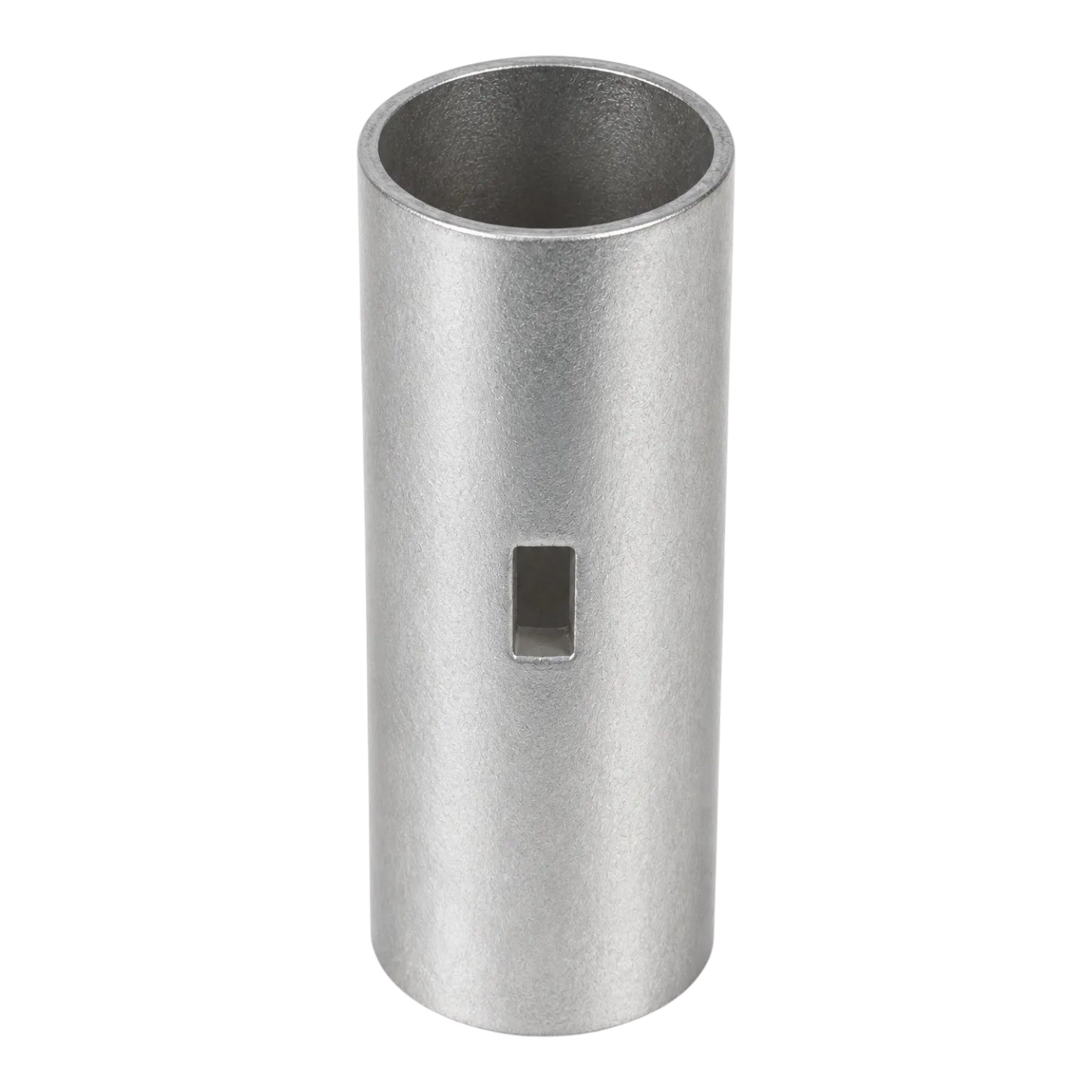 A metallic silver cylindrical sleeve with a rectangular slot cutout on the side, shown against a plain white background.