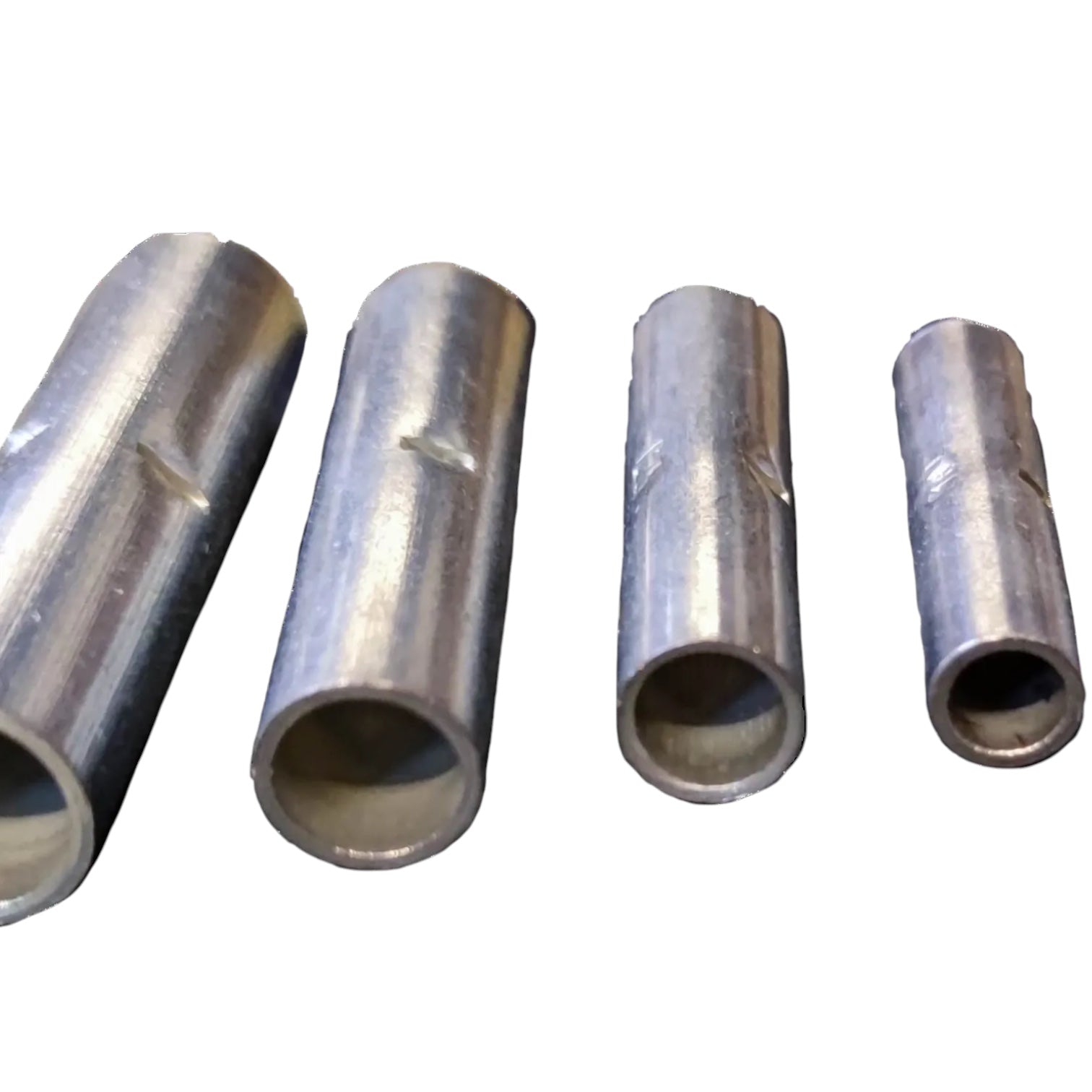 Four metallic cylindrical sleeves or couplers in varying sizes, arranged horizontally on a plain white background.