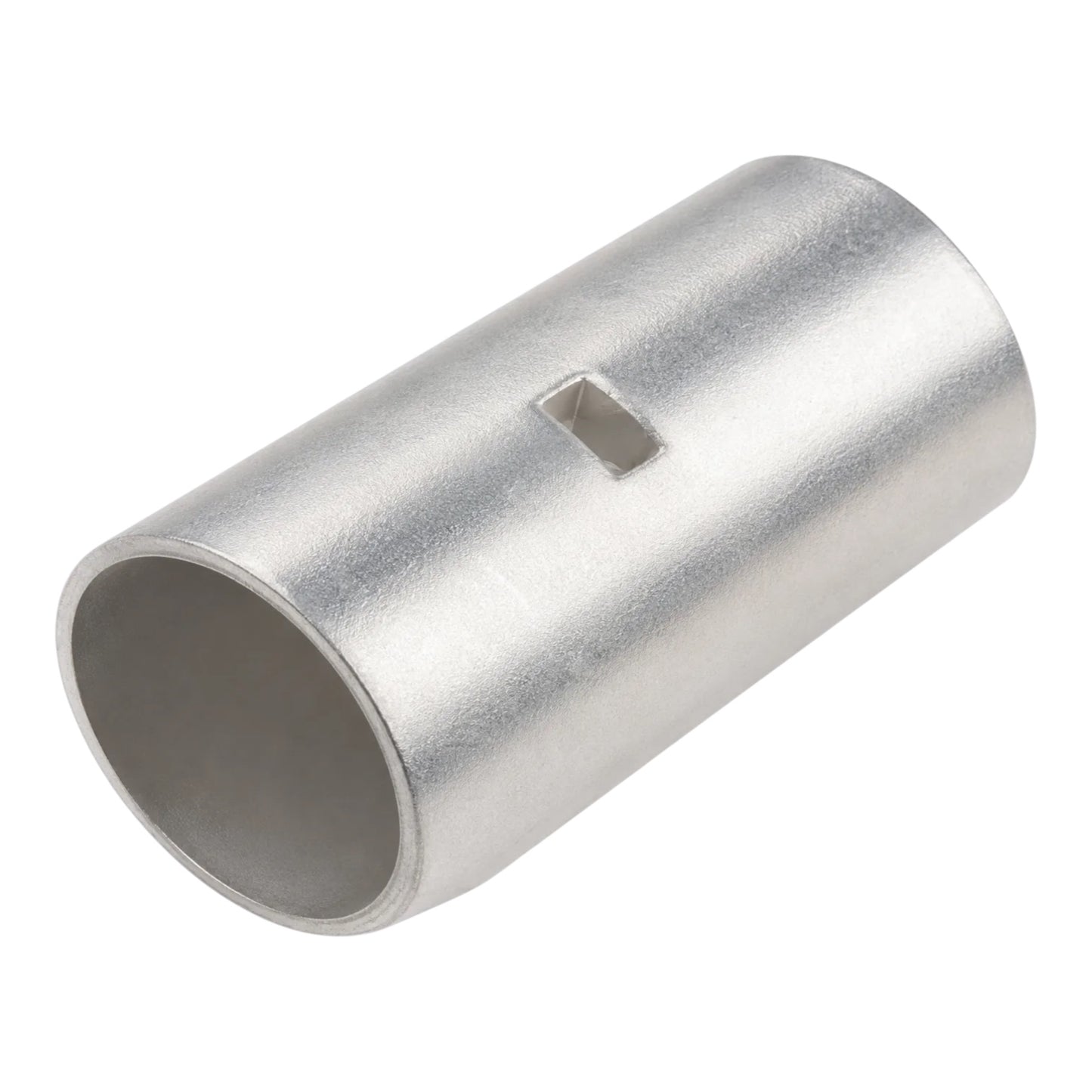 A silver metallic cylindrical sleeve with a rectangular slot cutout on its side, shown on a plain white background.