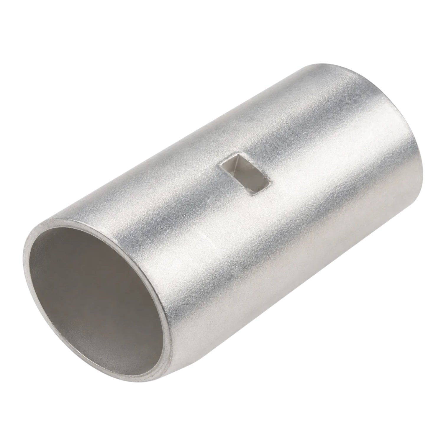 A silver metallic cylindrical sleeve with a rectangular slot cutout on its side, shown on a plain white background.