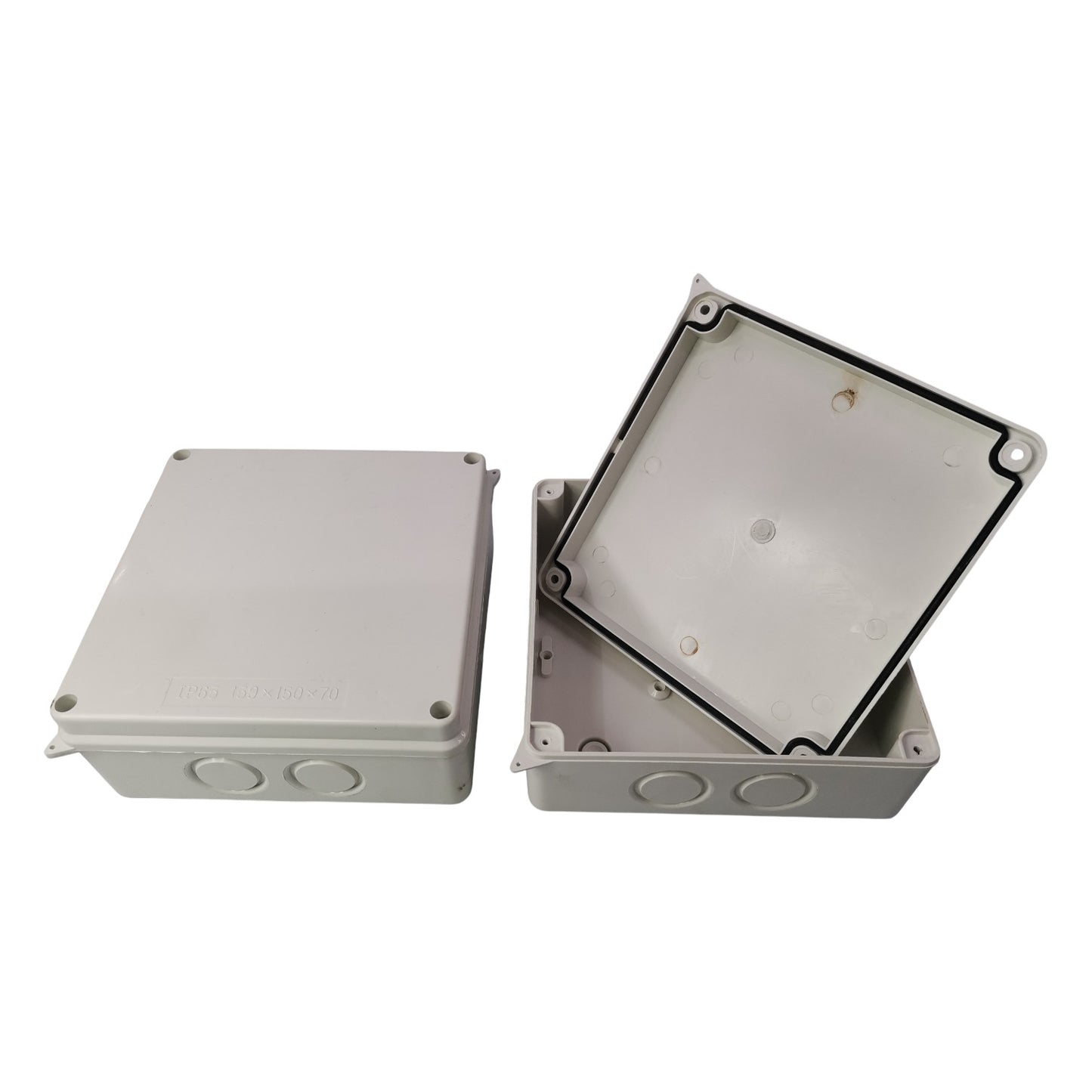 Two gray plastic boxes on a white background