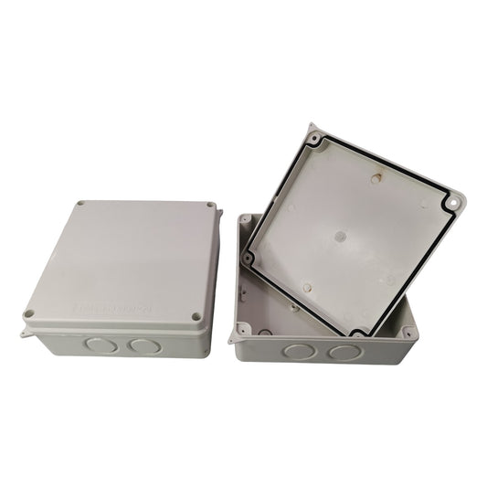 Two gray plastic boxes on a white background