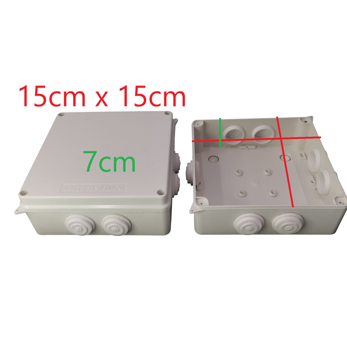 Two gray plastic boxes with measurements indicated on a white background
