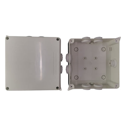 Two gray plastic junction boxes on a white background