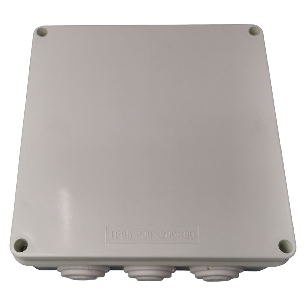 Gray rectangular plastic enclosure with four mounting holes on a white background