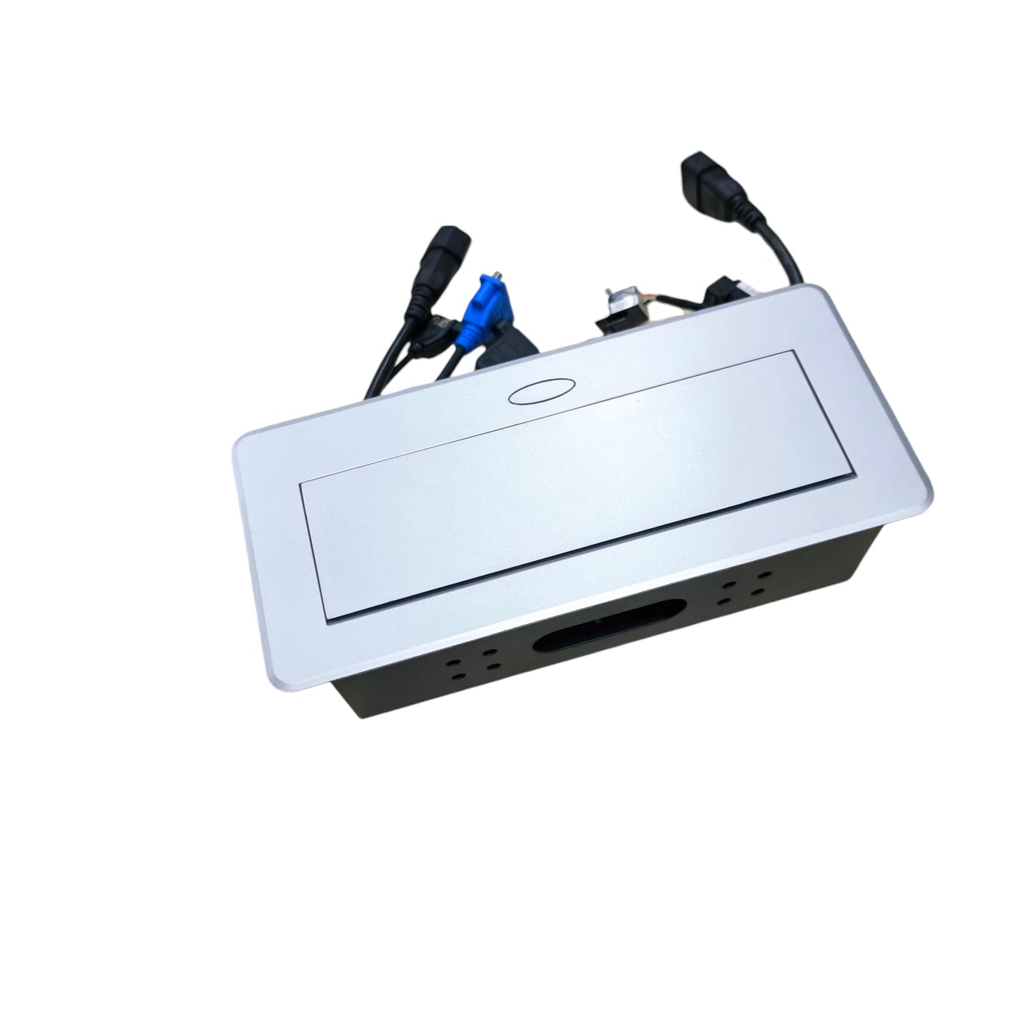 A rectangular electronic control box with a brushed silver top plate and a black base, shown on a plain white background. Several black cables with connectors extend from the top, including one with a blue connector.