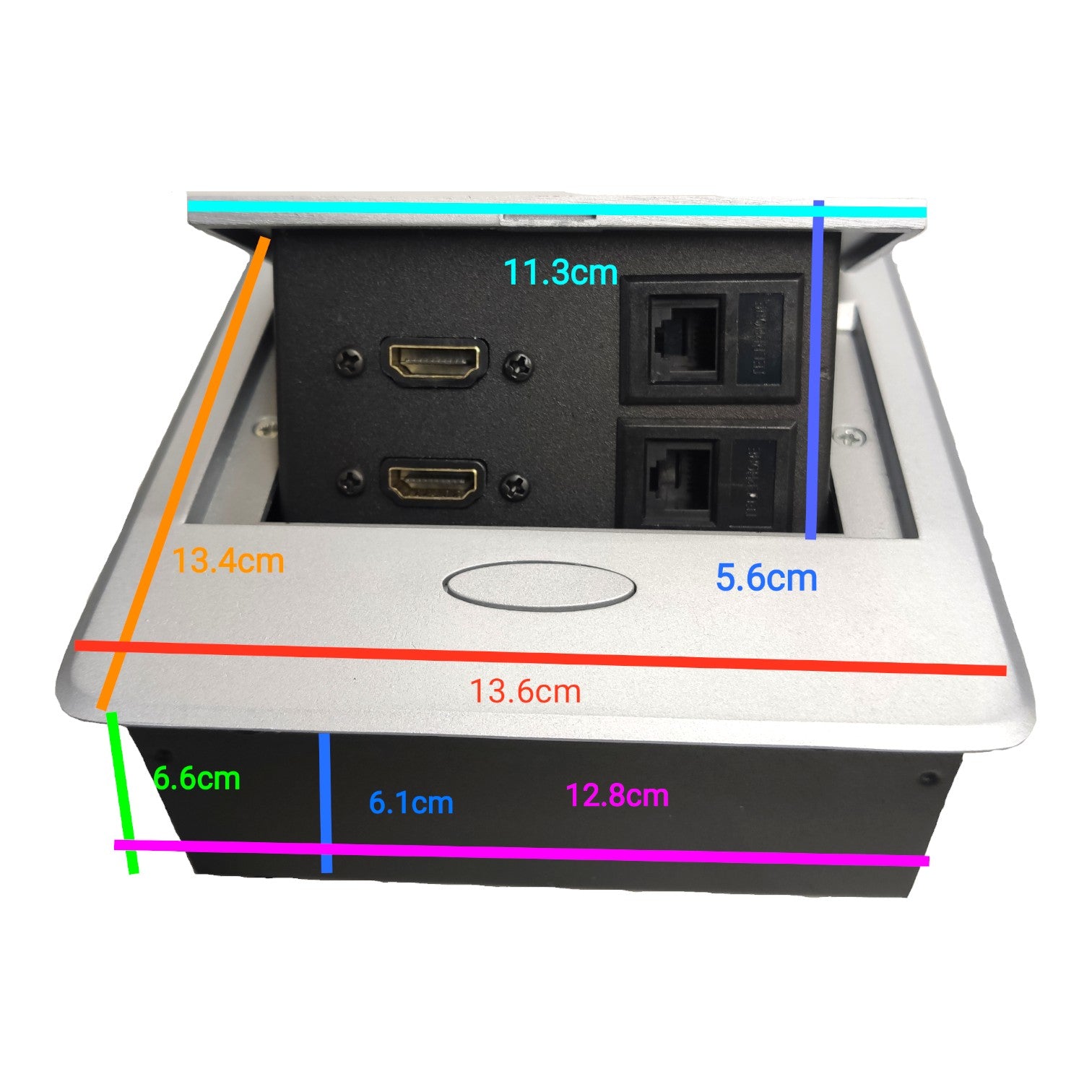 An open pop-up power outlet panel with multiple ports and overlaid dimension lines and measurements on a white background.
