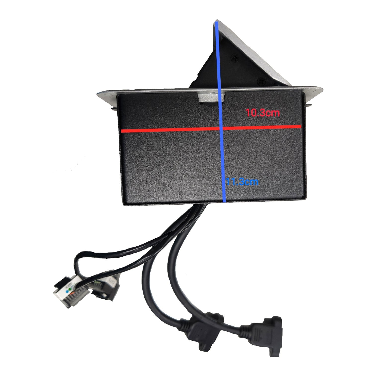 A black rectangular electronic component with a triangular top section, shown on a white background with blue and red dimension markings and attached black cables.